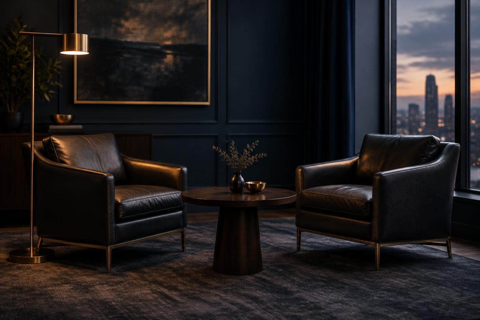Two leather chairs and a low table in a quiet, dark-walled meeting room at dusk