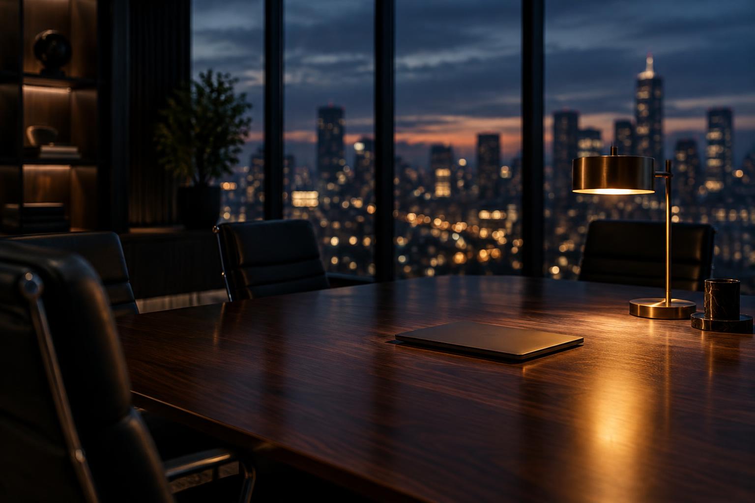 A quiet executive office at dusk, with a single brass lamp lit over a long table