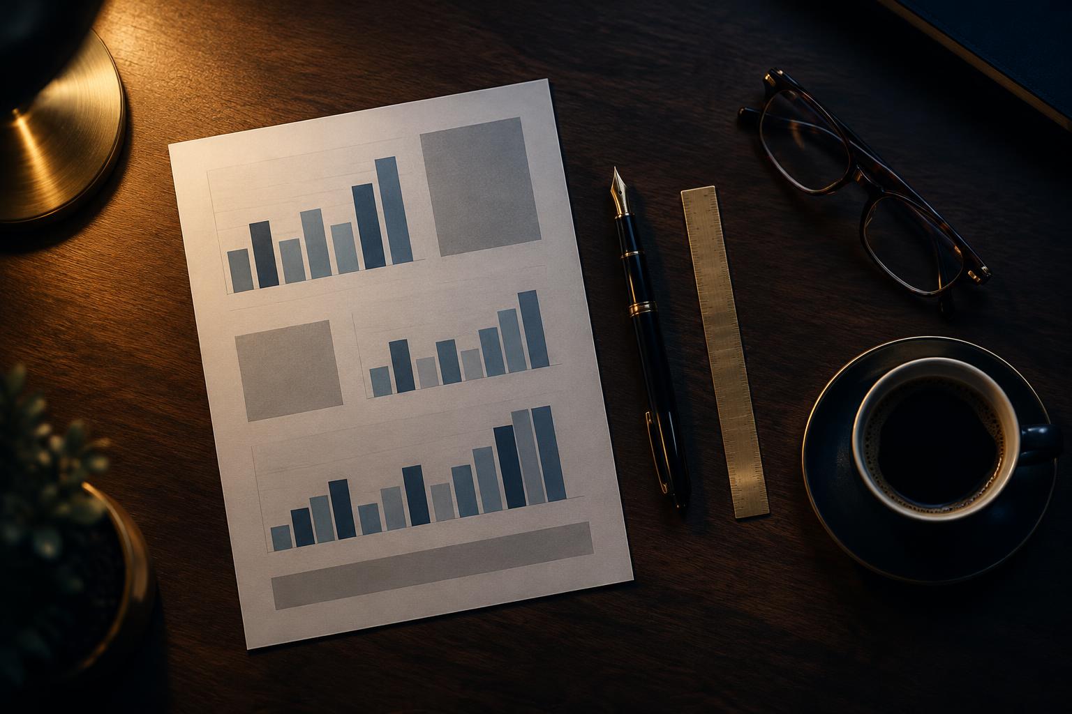 A printed report, a pen and a brass ruler laid out on a dark desk under a lamp
